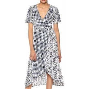 Lucky Brand Blue & White Wrap Dress, Flutter Sleeves, size Small